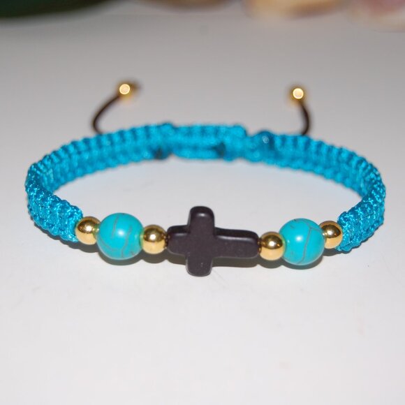 Cross Bracelet,Gemstone Beads,Braided Bracelet,Blue Bracelet - Picture 3 of 3